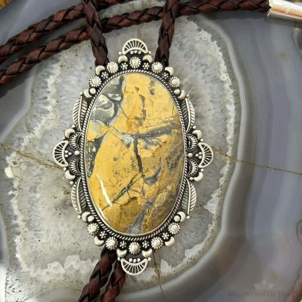 Sterling Southwestern Style Large Oval Picture Jasper Decorated Bolo Tie For Men